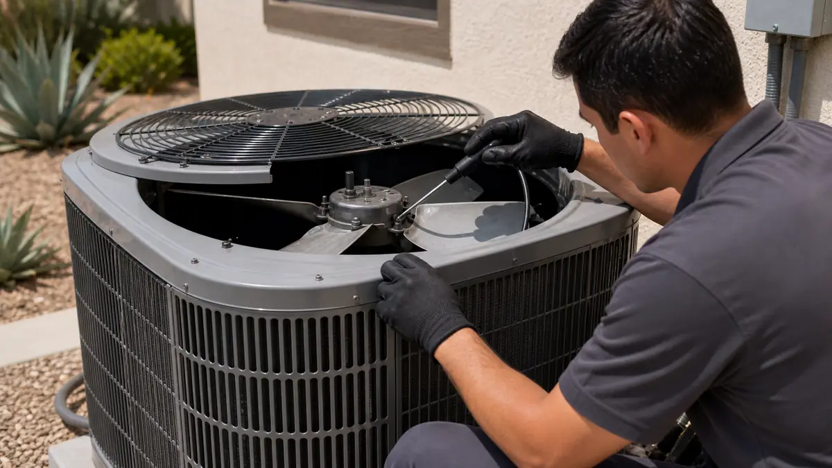 Inspecting a Carrier condenser fan motor for noise at an Encino, CA home