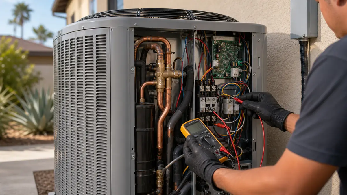 Technician servicing a Carrier heat pump condenser at an Encino, CA home